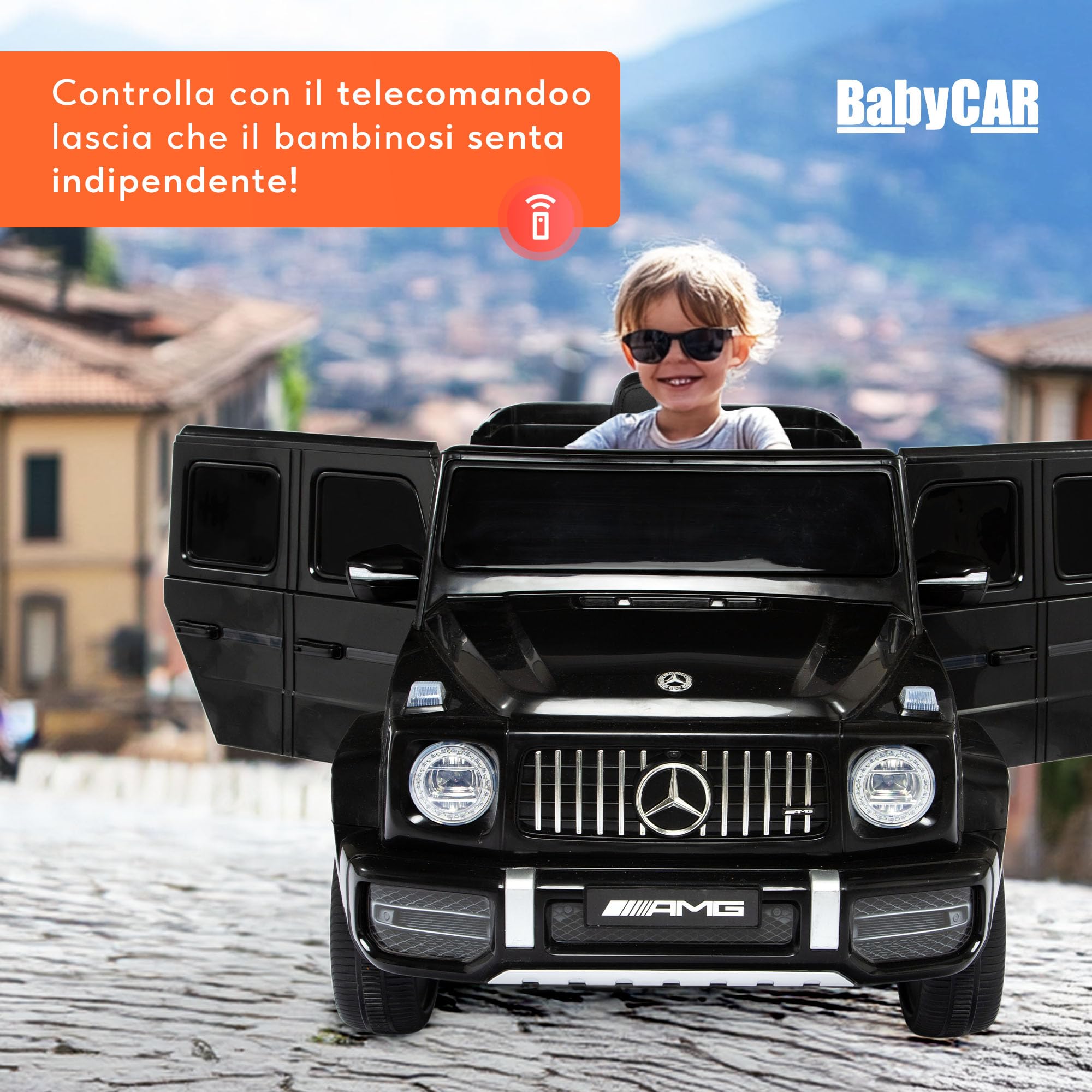 BabyCar Mercedes G63 Sport | Macchina per Bambini Elettrica Telecomandata 12V con 2 Motori 25W | Auto Elettrica per Bambini con Sedile in Pelle, Porte Apribili, USB | Licenza Ufficiale | Nero, MP3