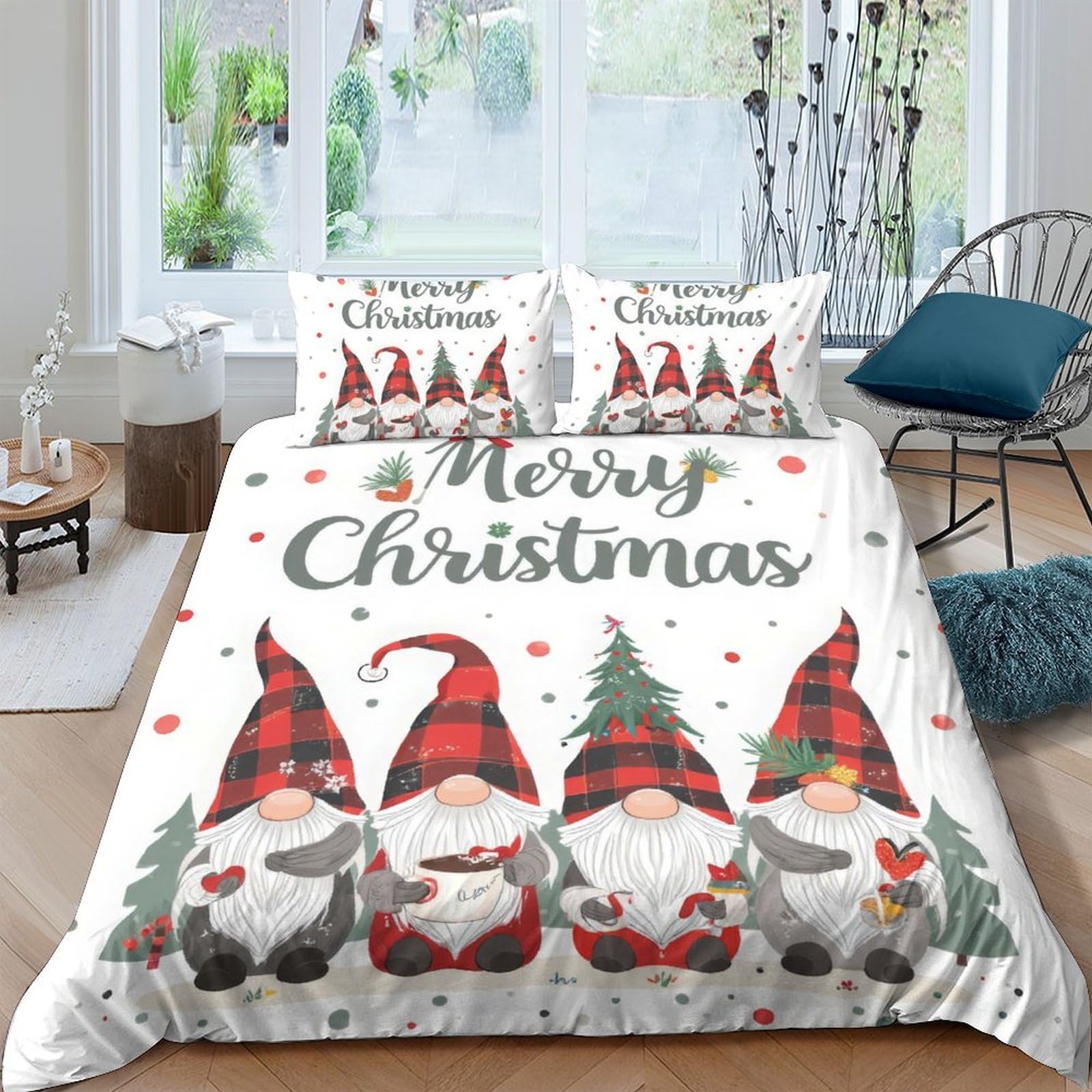 Ctjqhvkz Style-7 3D Printed Christmas Gnome Fitted Sheet Microfiber Red Green Plaid Tree Bed Cover For Bedroom Guest Room Decor Single（135X200cm）