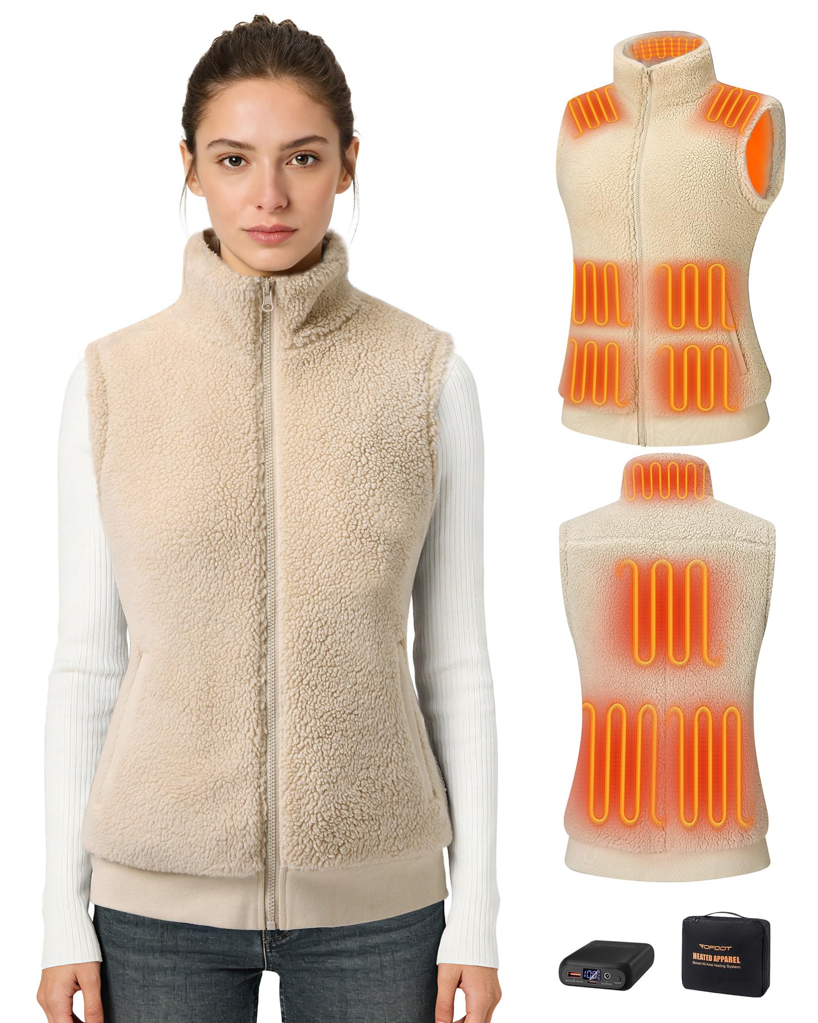 Topdot Polaire Gilet Chauffant Femme Avec Batterie 16000 mAh Incluse,10 Zones de Veste Chauffante,Gilet Chauffant Electrique Avec 3 TempéRatures RéGlables Pour Le Travail En ExtéRieur,Ski