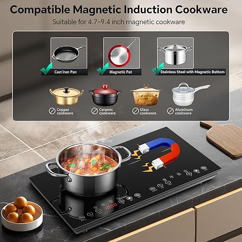 Miniatura 8 de Placa de cocción de inducción portátil, 2 quemadores, cocina de doble inducción de 1800 W con 8 ajustes de potencia, 4 modos preestablecidos, diseño