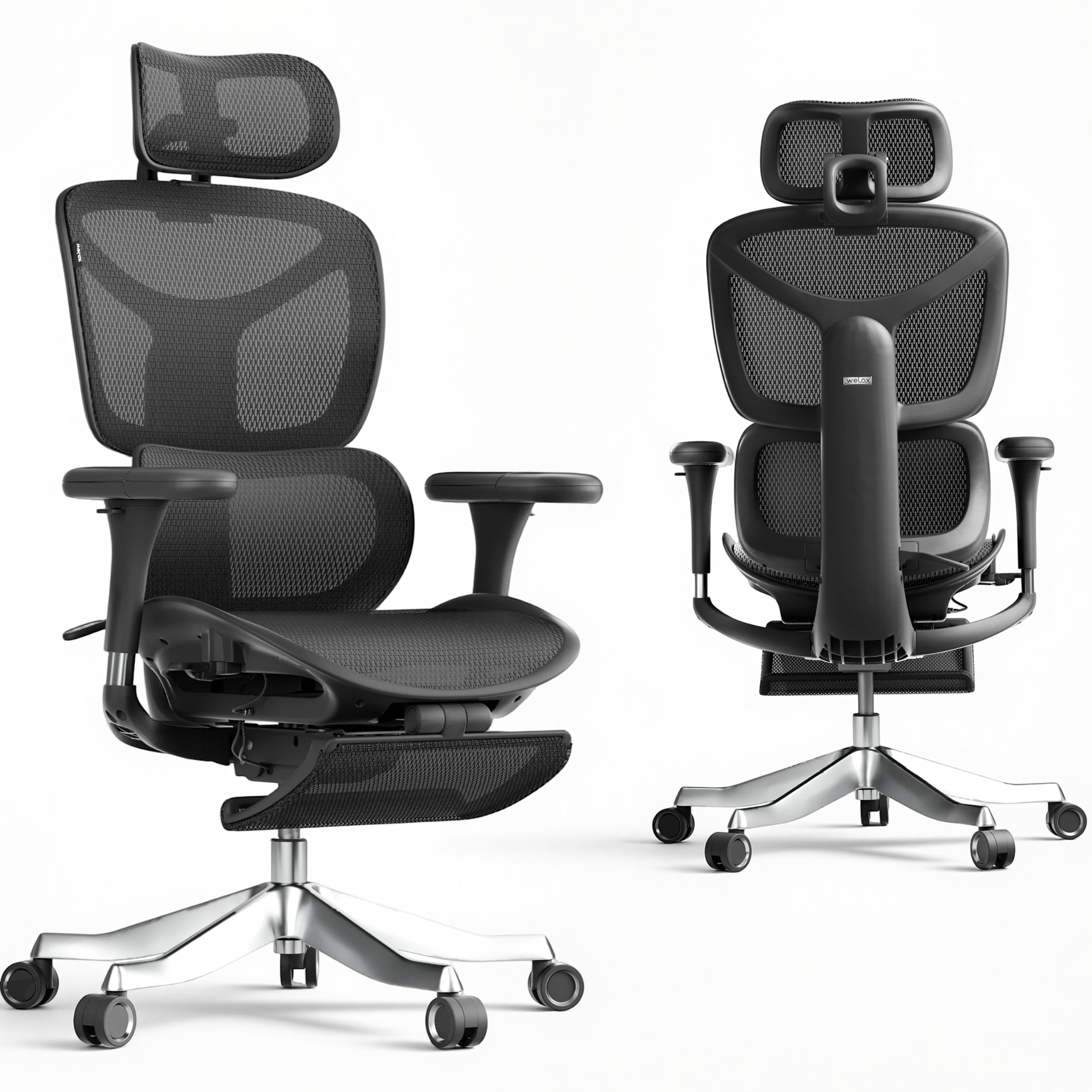 WELAX S9 Pro Ergonomischer Bürostuhl mit Mesh-Rücken, Lendenstütze, Fußstütze, 6D Armlehnen und verstellbarem Sitz – Komfortabler Gaming- und Homeoffice-Stuhl, Schwarz