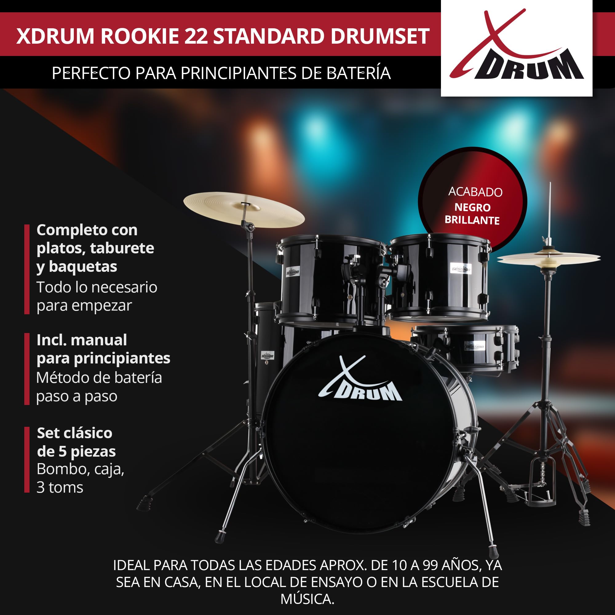 XDrum Rookie 22" Standard Set Completo de Batería Black - Ideal para Principiantes - Hardware Estilosa en negro - Incluye Baquetas 5B, Manual de Montaje y Escuela de Batería - Negro