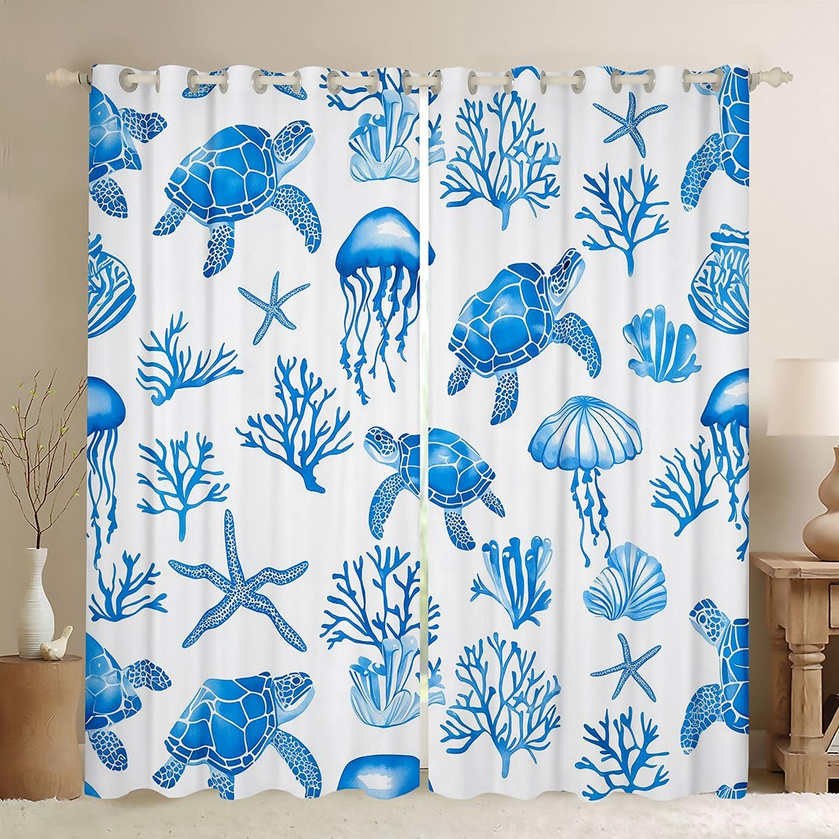 Homemissing Tende oscuranti per camera da letto e soggiorno, motivo: tartarughe marine, marine, spiaggia, stelle marine, tende oscuranti per finestre, 2 pannelli, 116 x 182 cm, decorazione per la