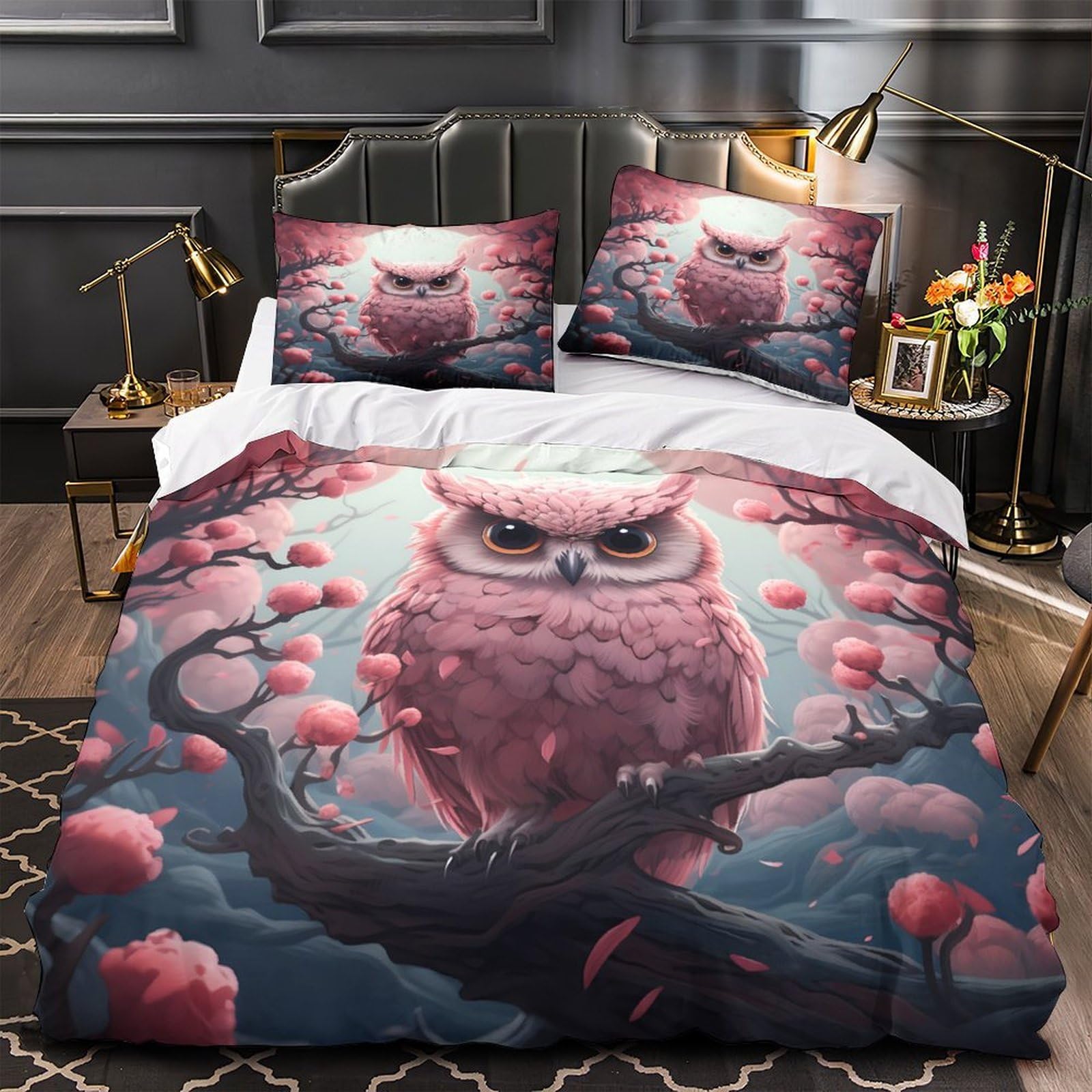 Pink Owl Perched Comforter Cover 3D Print Wrinkle-Resistant 3PCs Bed Linen Hidden Zipper fantasy Forest Scene Quilt Cover Extra Soft Washable for Teens Youth Adults Women Kids Boys King（220x240cm）