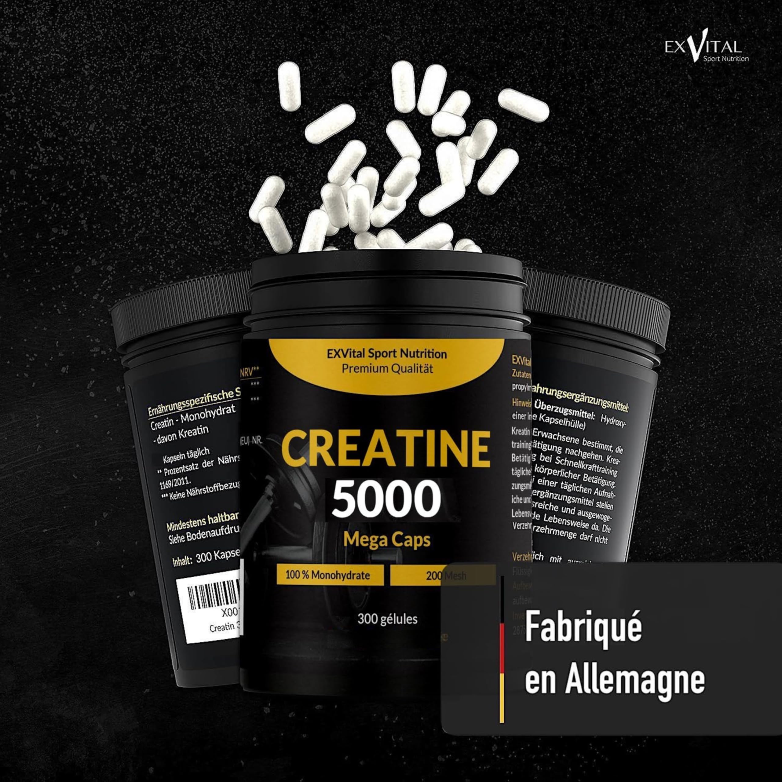 Créatine 5000 Mega Caps, 5000 mg de créatine monohydrate par dose journalière, 300 capsules véganes, 100% pure, Facteur Mesh 200, Végane et testée en laboratoire