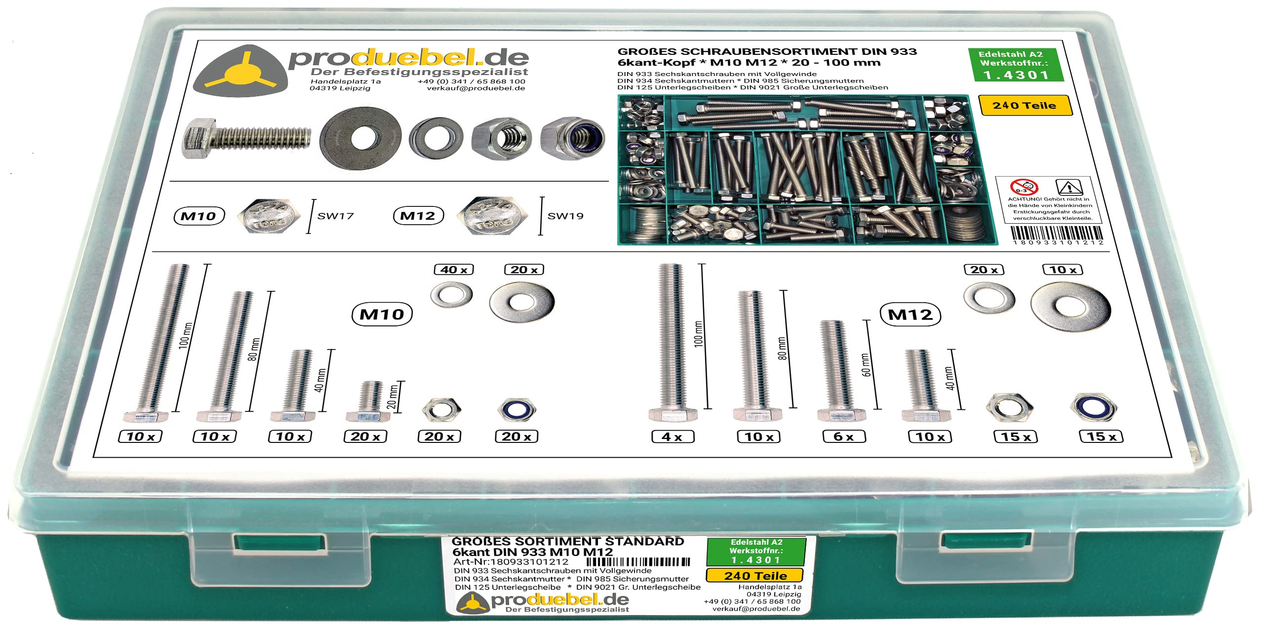 Sparset Großes 6-kant Schraubensortiment DIN 933 Edelstahl A2 V2A M4/M5/M6/M8/M10/M12 * 2001-tlg. (Standard-Box)