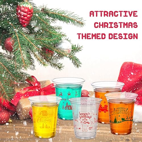 Miniatura 5 de 200 vasos de fiesta de Navidad de 12 onzas desechables de plástico transparente, vasos de plástico transparente para árbol de Navidad, trineo, elfo,