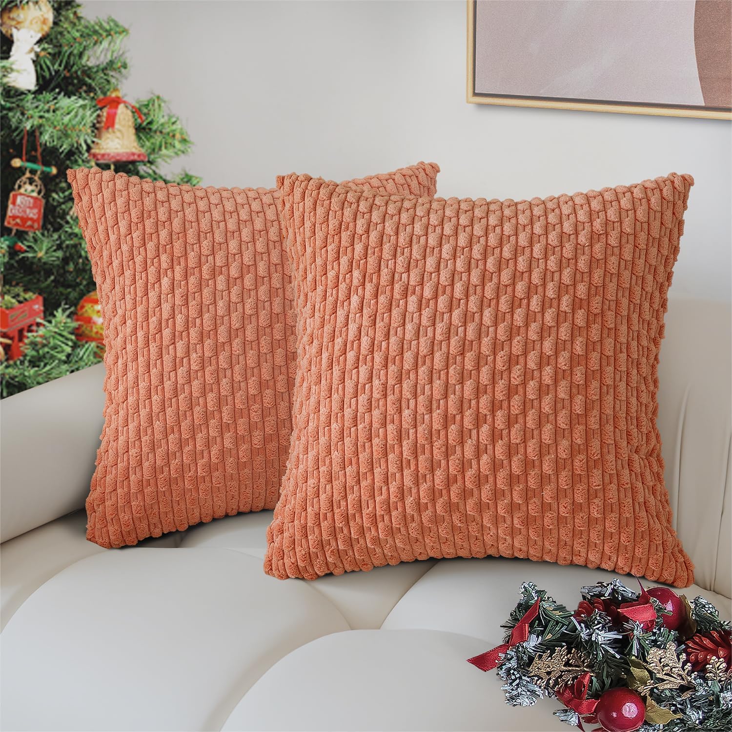 Henzxi Throw Pillow Covers Soft Corduroy Decorative Pillow Covers Set of 2 Striped Square Boho Pillow Covers Farmhouse Home Decor for Sofa Living Room Couch Bed 20x20 Inch Coral