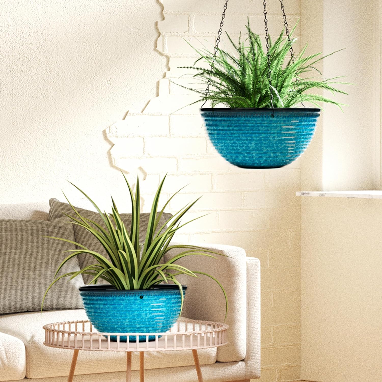 Vanslogreen 2 Pack Hanging Planters for Indoor Outdoor Plants, 10 Inch Hanging Planter with Drainage Hole & Plug Glazed Hanging Baskets Flower Pots for Garden Home (Snowflake Blue)