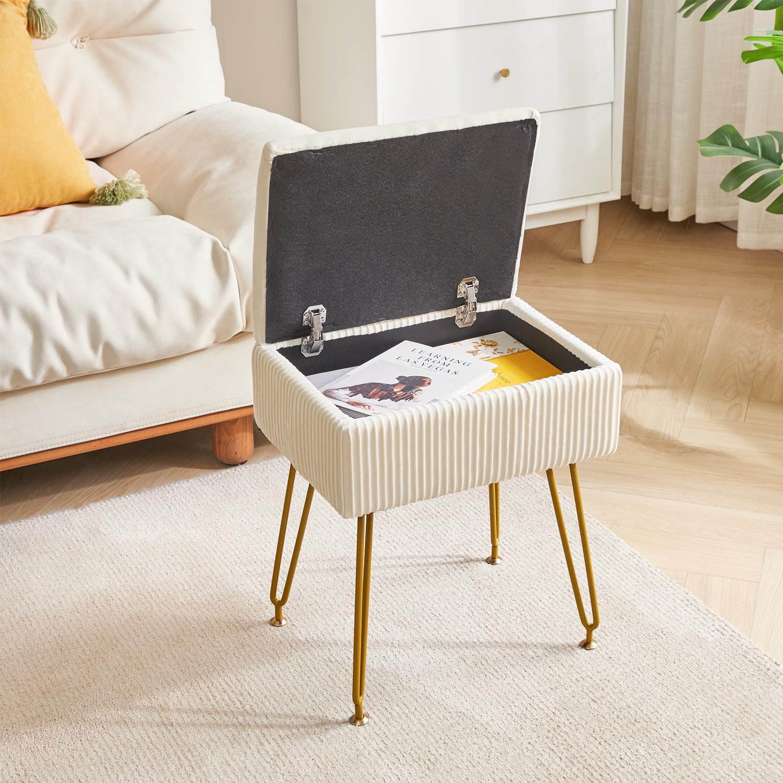 YMYNY Taburete de Terciopelo, Otomana de Almacenamiento, Soporte de Metal, Banco de Tocador para Maquillaje, Salón y Dormitorio - 40×29.5×48CM Beige HBD024M