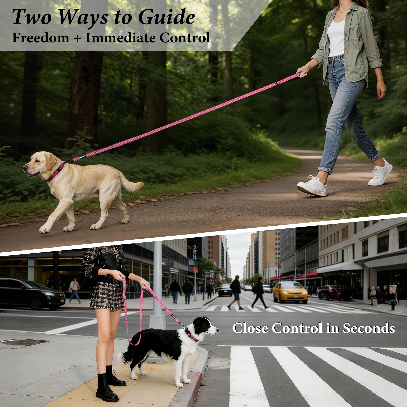 Double Handle Dog Leash 6 FT Reflective 2 Handle Traffic Lead with Padded Grip, Heavy Duty Nylon Leash for Walking Training, for Small Medium Large Dogs, Pink - 2