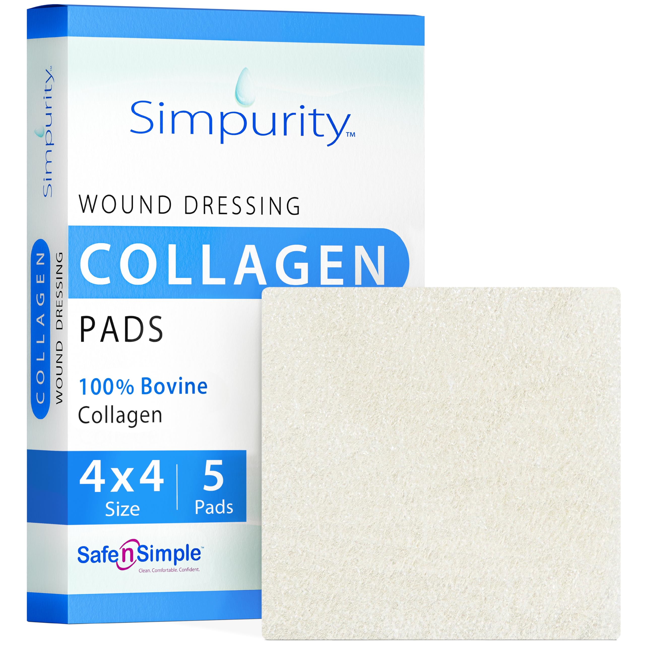 Collagen Dressing Pads - 4" x 4" 5 Count Collagen Pads for Wounds - Non-Adherent Collagen Dressing for Wound Care - Safe n' Simple Wound Care Supplies.