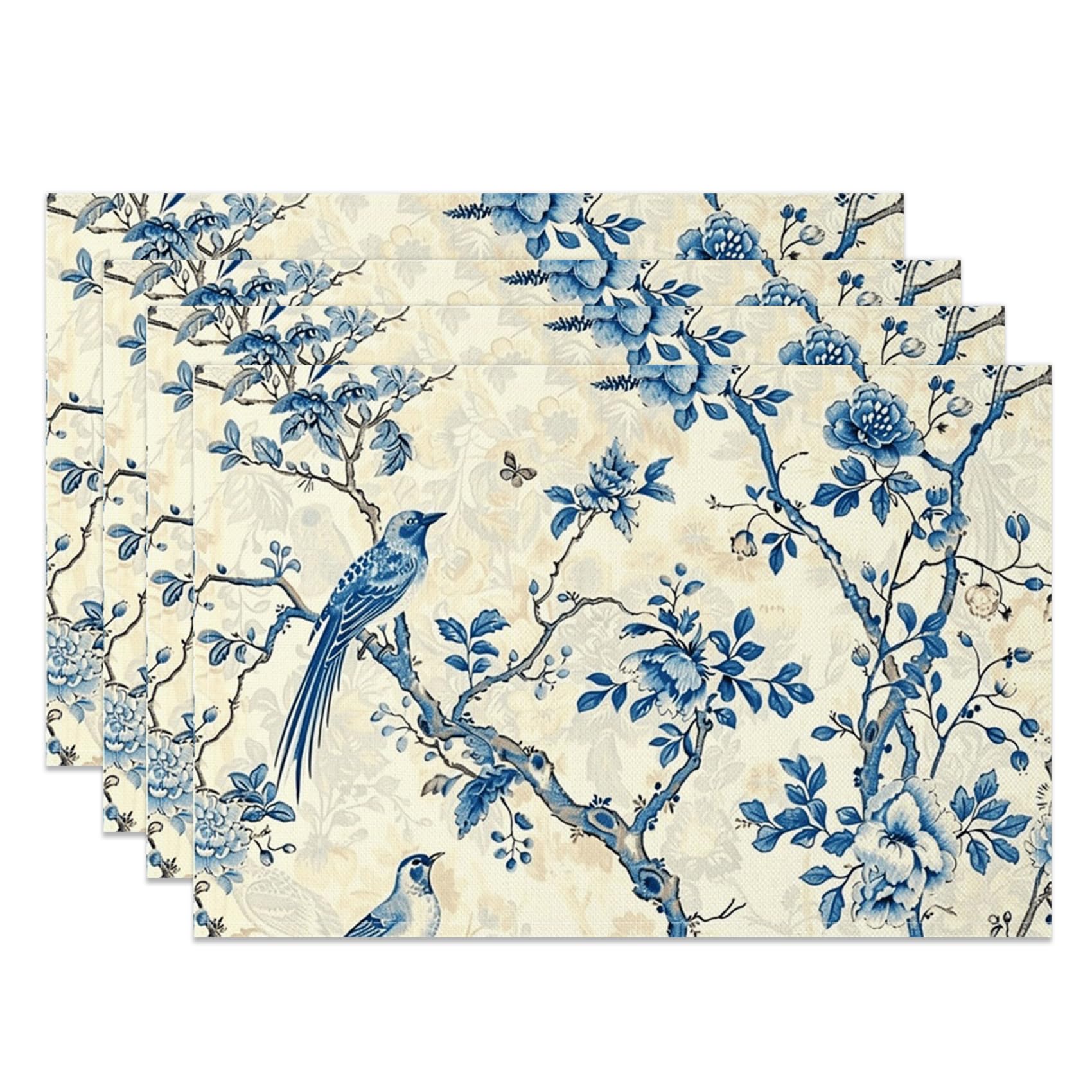 Blue Placemats Set of 4 12x18 Inch French Country Style Bird and Floral Print Place Mats for Kitchen Dining Room Decor