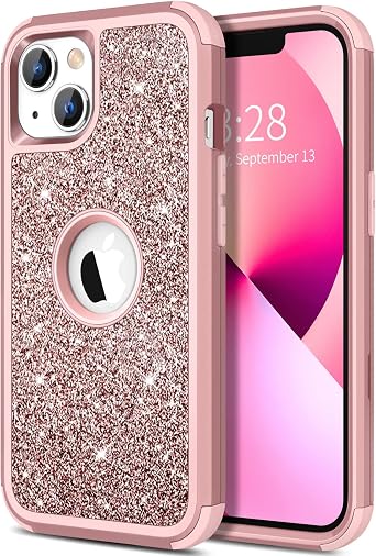 Hython Case for iPhone 13 Case Glitter, Cute Sparkly Shiny Bling Sparkle Cover, Heavy Duty 3 in 1 Hybrid Hard PC Soft TPU Bumper Full Body Shockproof Protective Phone Cases for Women Girls, Rose Gold