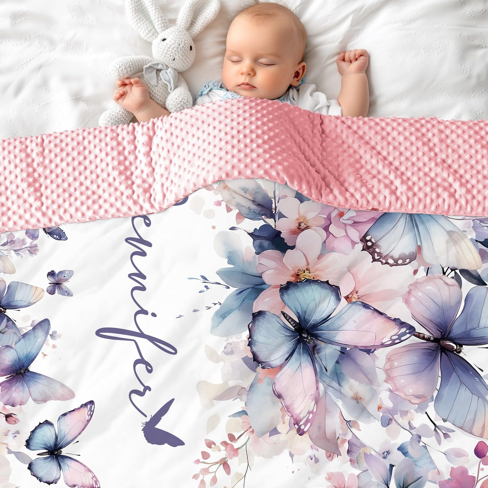 MJARTORIA Personalised Nane Blanket, Customised Baby Blanket with Name Text for Girl Adult Soft Bubble Style Rainbow Elephant Blanket 100cm/150cm/200cm (Blue Butterfly)