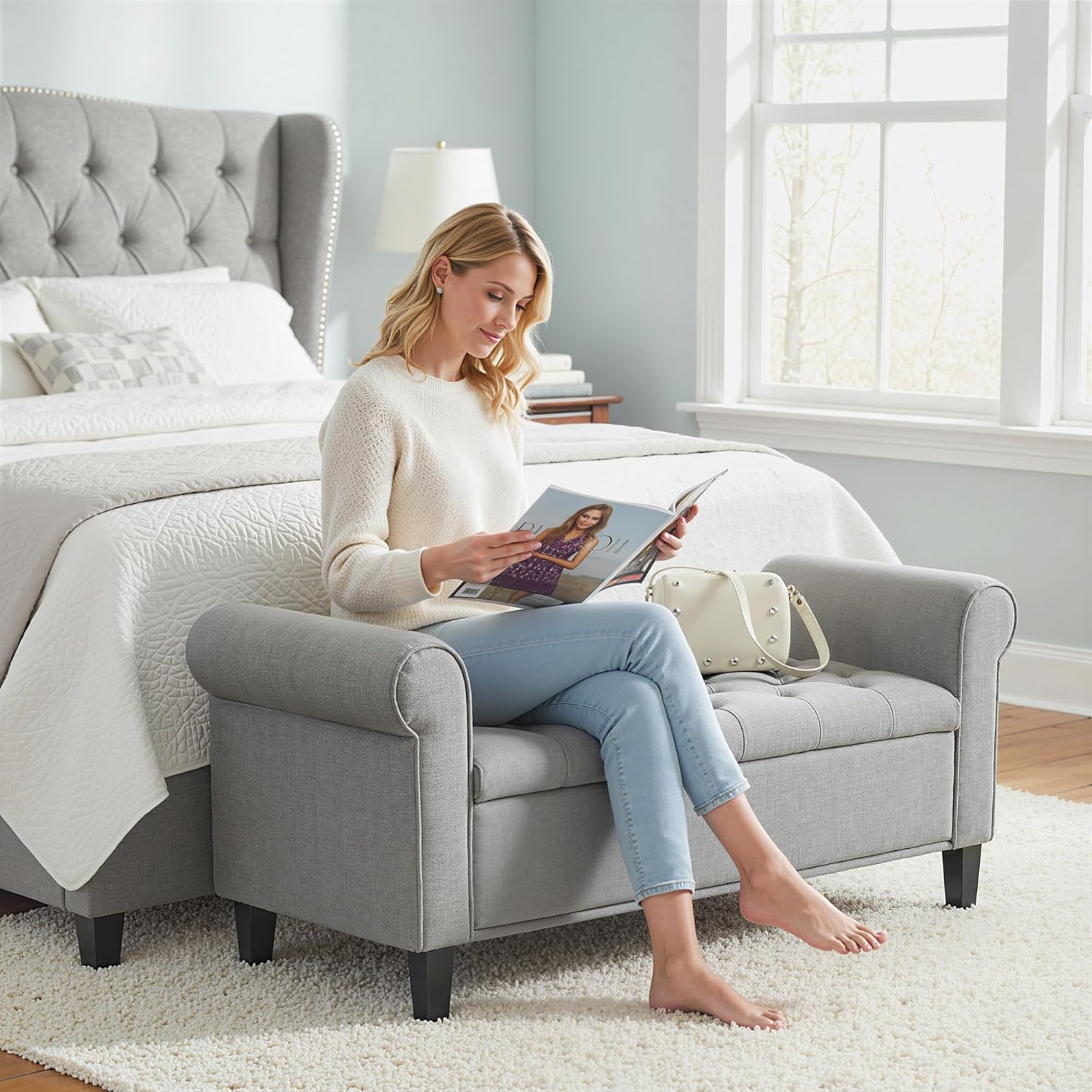 HOMCOM 50" Storage Ottoman Bench, Upholstered End of Bed Bench with Rolled Arms, Wood Legs, Button Tufted Storage Bench with Safety Hinges for Living Room, Entryway, Bedroom, Gray