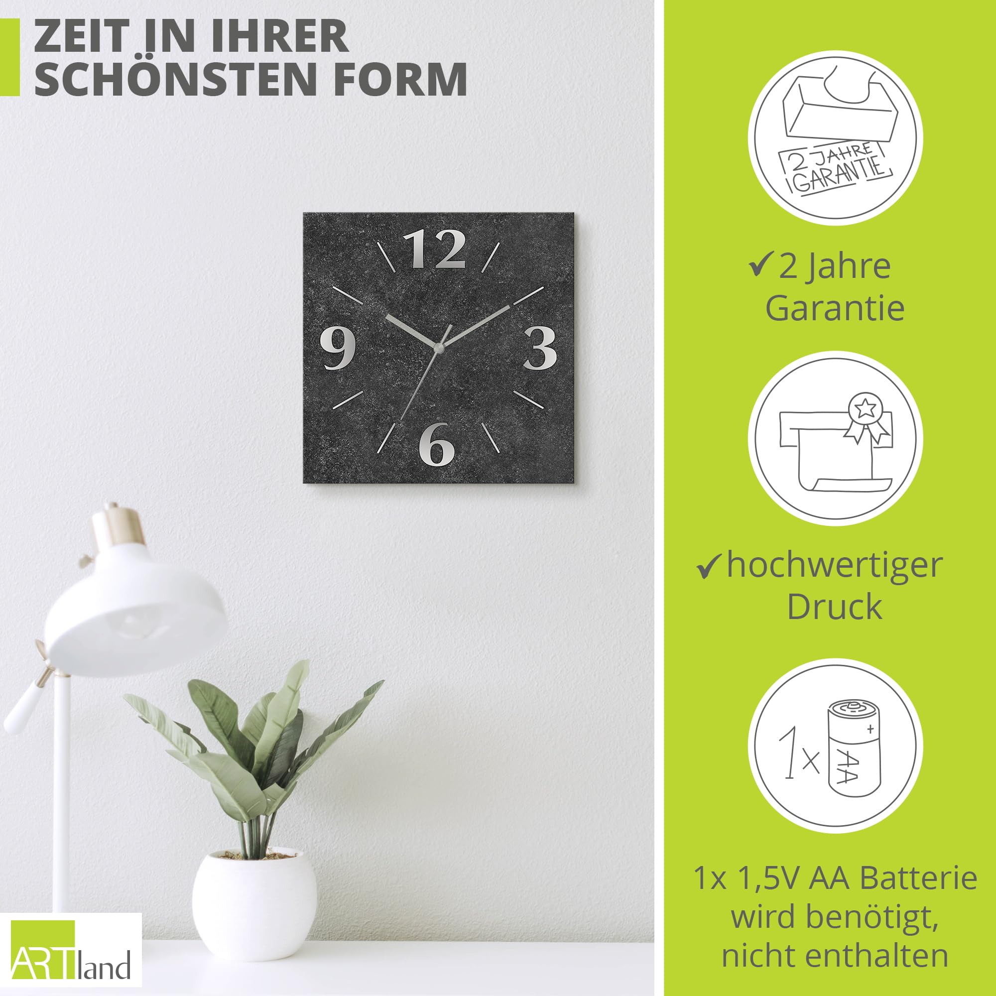ARTLAND Wanddeko Wanduhr ohne Tickgeräusche Alu Funkuhr 30x30 cm Quadratisch Lautlos analoge Funkuhr, 4 Ziffern 30x30 cm Granitoptik Gesteinoptik Anthrazit J4XM