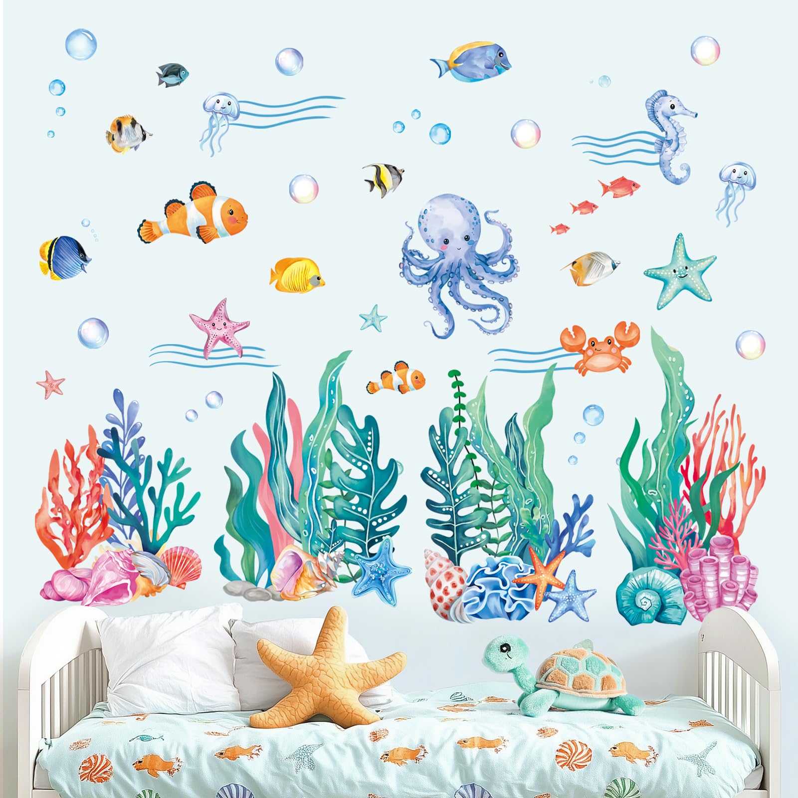 FUFUQUARE Cute Under The Sea Wall Stickers Cartoon Jellyfish Seaweed Peel and Stick Wall Decals DIY for Kids Bedroom Living Room Playroom - Image 2