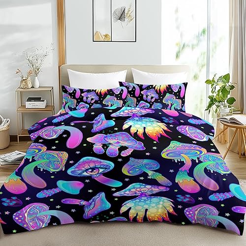 SOULZZZ Juego de funda de edredón de hongos Trippy tamaño Queen, suave juego de ropa de cama de hongos neón con dibujos animados de galaxia
