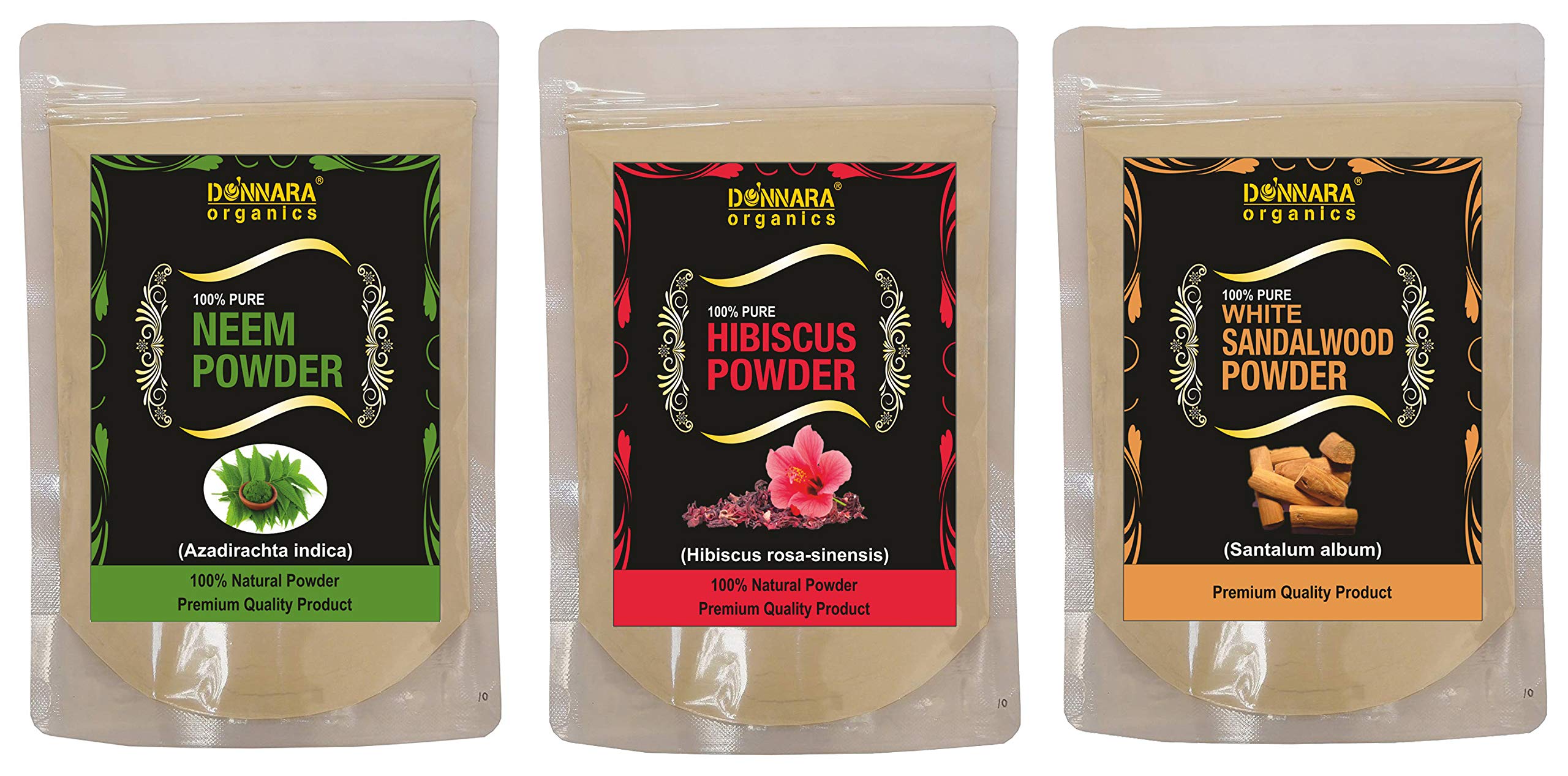 Donnara Organics 100% Pure Neem Powder, Hibiscus Powder & White Sandalwood Powder Combo pack of 3 of 150gms
