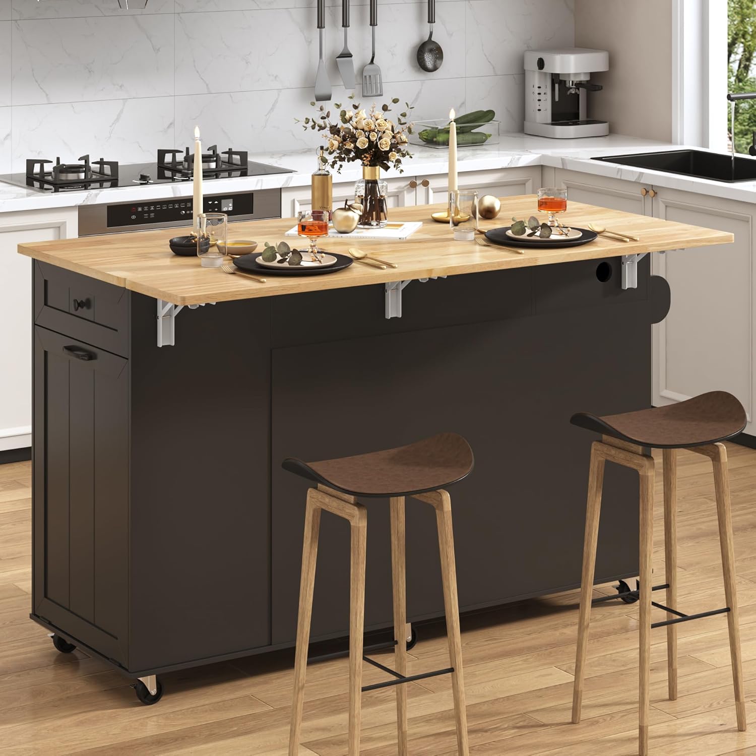 St.Mandyu 59" Rolling Kitchen Island Table on Wheels with Power Outlet & Drop Leaf, Mobile Kitchen Cart with Hidden Trash Storage Cabinet, Towel Rack for Kitchen, Black