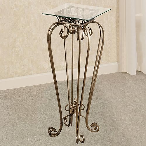 Miniatura 17 de Touch of Class Mesa pedestal de metal calcedonia con desplazamiento – Vidrio biselado – Oro antiguo – Hecho de hierro – Parte superior cuadrada –