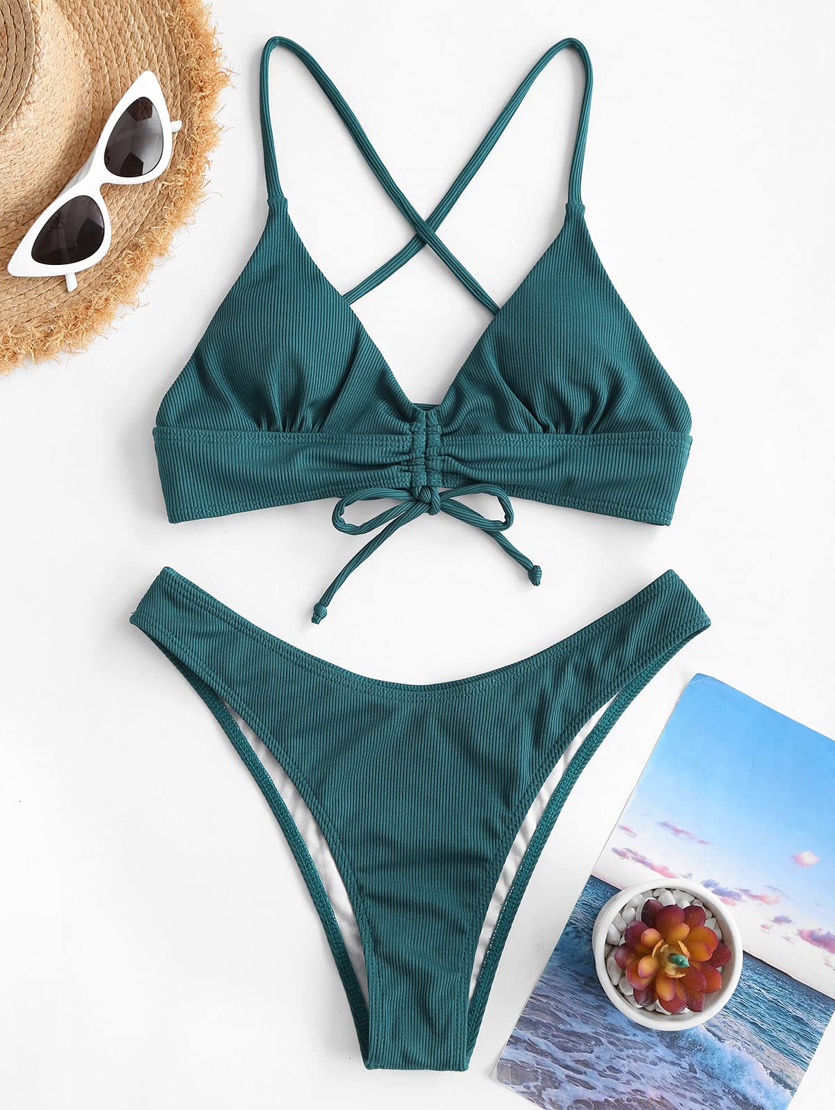 ZAFUL zweiteilig Bikini-Set mit verstellbarem BH & Rückengurt Design, Triangle Badehose mit Vögel-Gedruckt