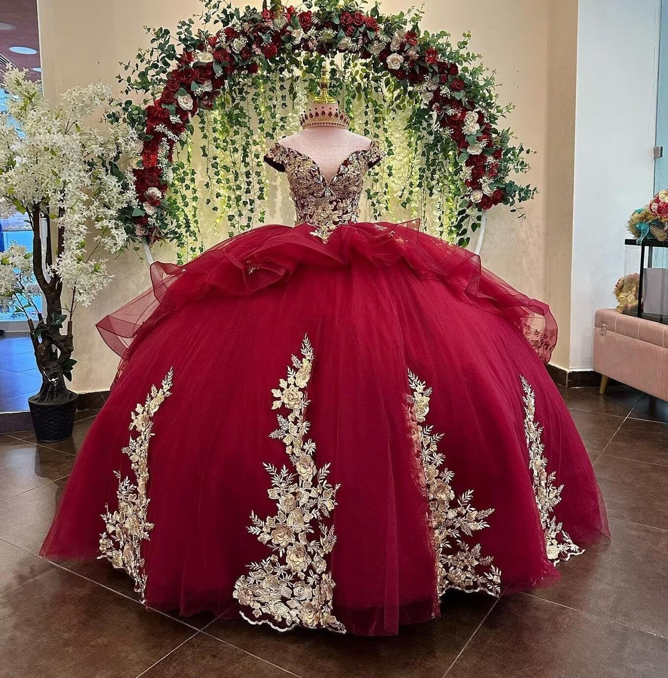 XYAYE Off Shoulder Quinceanera Dresses Luxury Tiered Tulle Sweet 15 16 Dresses with Train Sparkly Gold Lace Beaded Ball Gown