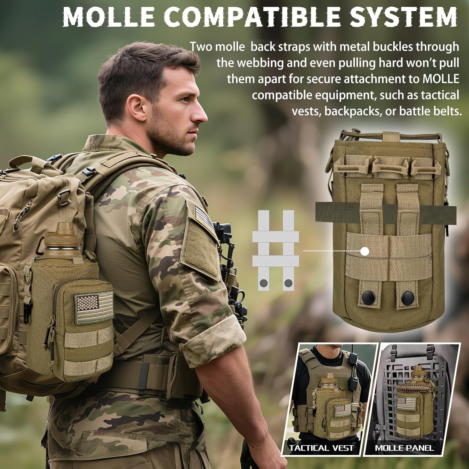 Half Gallon Water Bottle Insulated with Sleeve - Tactical 64 oz Stainless Steel Water Jug with MOLLE Water Bottle Pouch, Gym Water Bottles for Men Hiking Workout (Brown) - Image 5