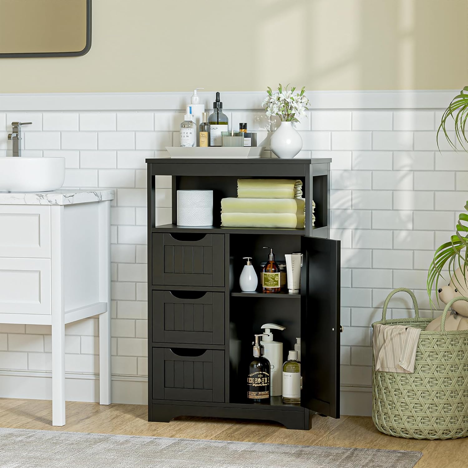 ZenStyle Bathroom Floor Cabinet, Storage Organizer with 3 Drawers and 1 Door, Free Standing Entryway Cupboard for Home Office (Black)