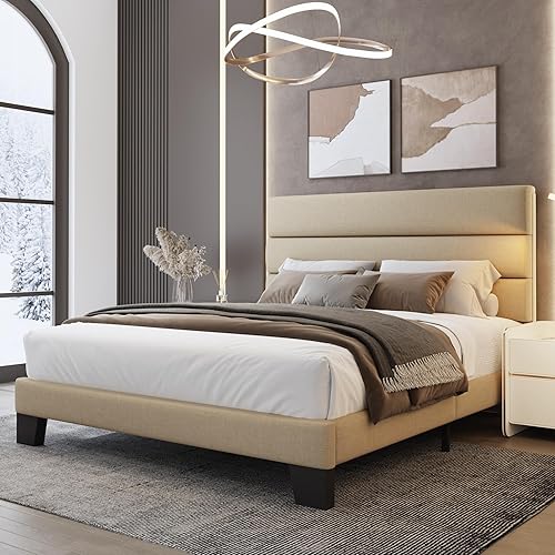 WEEWAY Base de cama Queen con cabecera tapizada de tela de lino y soporte de listones de madera, base de colchón resistente, no necesita somier,