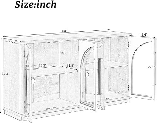 Miniatura 9 de Merax Aparador de bufé de madera rústica con 4 puertas de ratán gabinete de cafetería bar soporte de TV para dormitorio sala de estar comedor y
