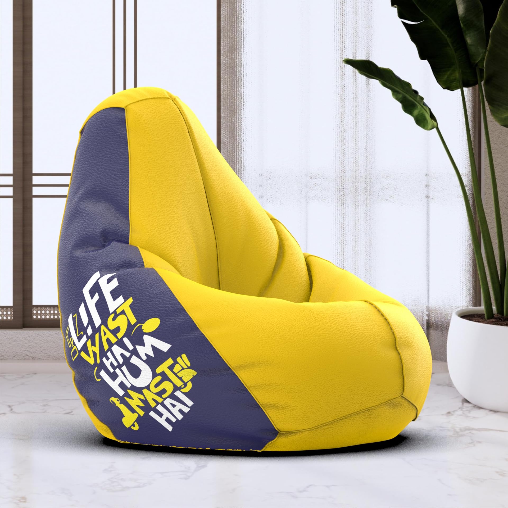 Bean Bag Chair Cover | Size: 2XL | Color: Life Vyast Hum Mast - Yellow Blue | Without Beans | Premium Leatherette Cover (CMF 3270)-image-42