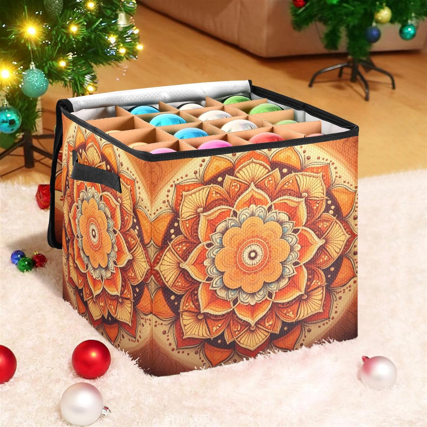 Mandala Pattern Orange 13 Inch Christmas Ornament Storage Box with Lid - Holiday Decor Storage Containers, Stores 64 Ornaments, 3 Inch Cube Compartments