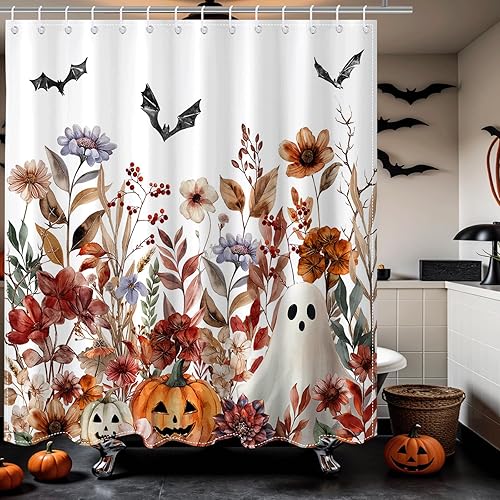 Miniatura 7 de Cortina de ducha de Halloween para baño, cortina de ducha espeluznante con diseño floral de calabaza, fantasma, para decoración de Halloween, diseño