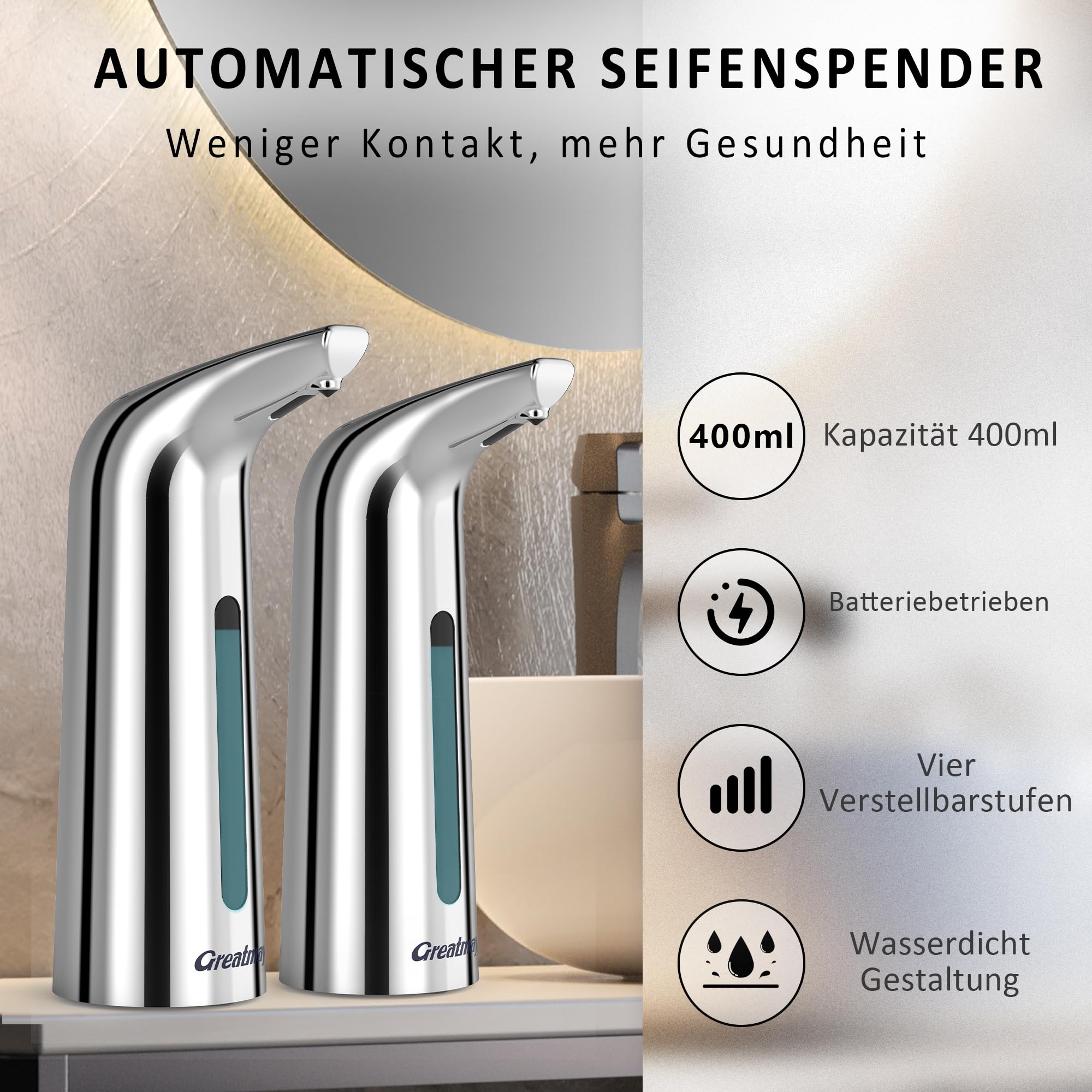 Automatisch Seifenspender,mit 4 einstellbare Stufen,Elektrischer 300ml Berührungsloser Batteriebetriebener Seifenspender mit Sensor,IPX6 Wasserdicht für Bad,Küche (400ml Silber+Silber)