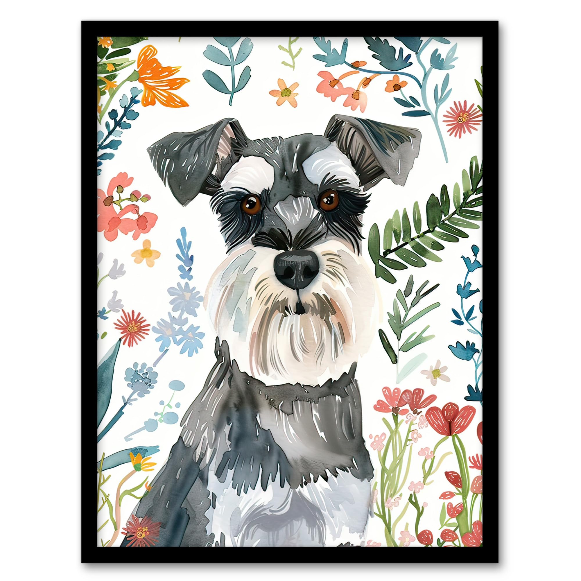 Artery8 Dog Lover Miniature Schnauzer Floral Portrait Living Room Artwork Framed Wall Art Print A4
