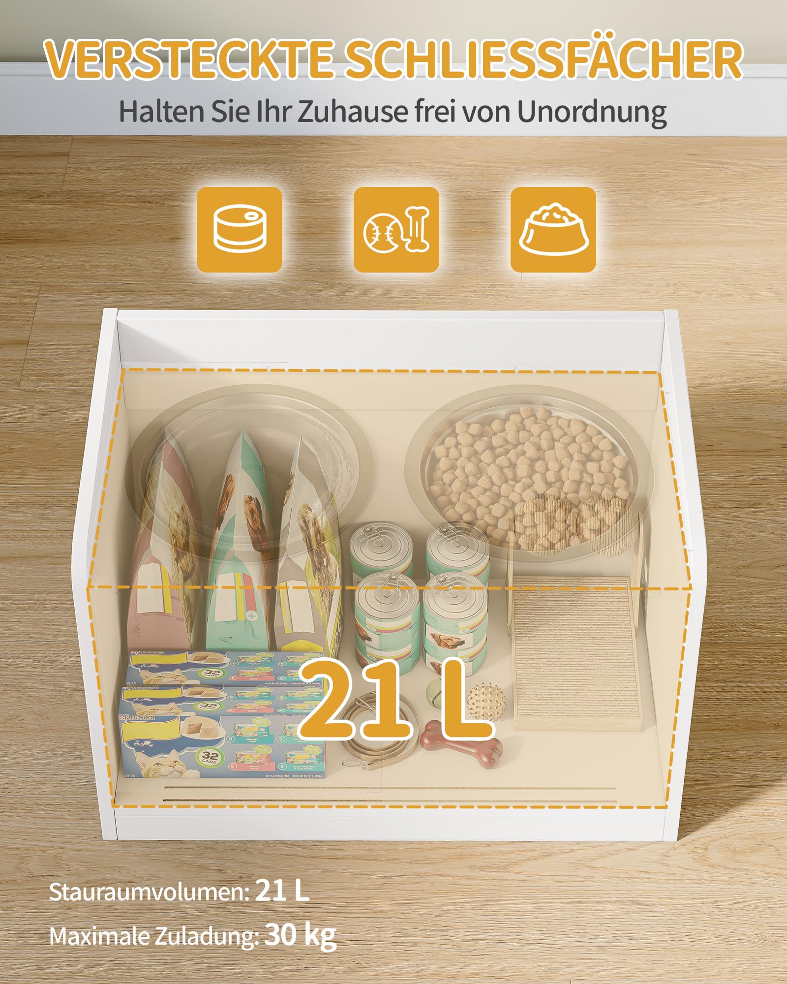 Hzuaneri Erhöhter Hundenapf mit Schiebetür-Aufbewahrung, 2 x 2 L Edelstahlnäpfe, 46 cm Hoch, Futterstation für Mittelgroße Bis Große Hunde, Mattweiß PB88003W