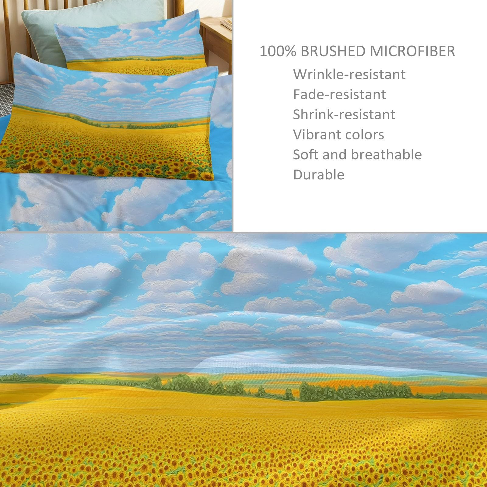 Poszewka na kołdrę 155 x 220 cm, nowoczesny zestaw pościeli premium, 100% mikrofibra, 3-częściowa poszewka na kołdrę + 2 poszewki na poduszkę 80 x 80 cm, słoneczniki, pola kwiatów, krajobraz renforcé