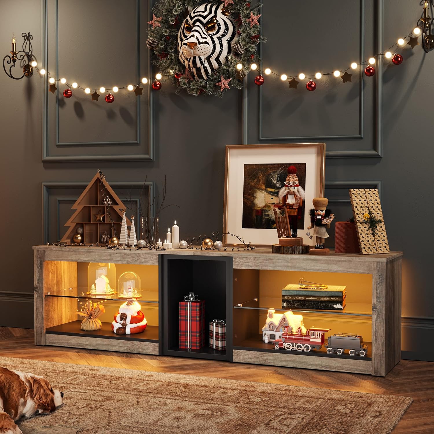 Bestier Mobile TV basso per TV da 65 pollici e TV più piccole, 160 x 35 x 52 cm, mobile TV con luci LED RGB, tavolo TV con gestione dei cavi integrata, vassoio in vetro regolabile