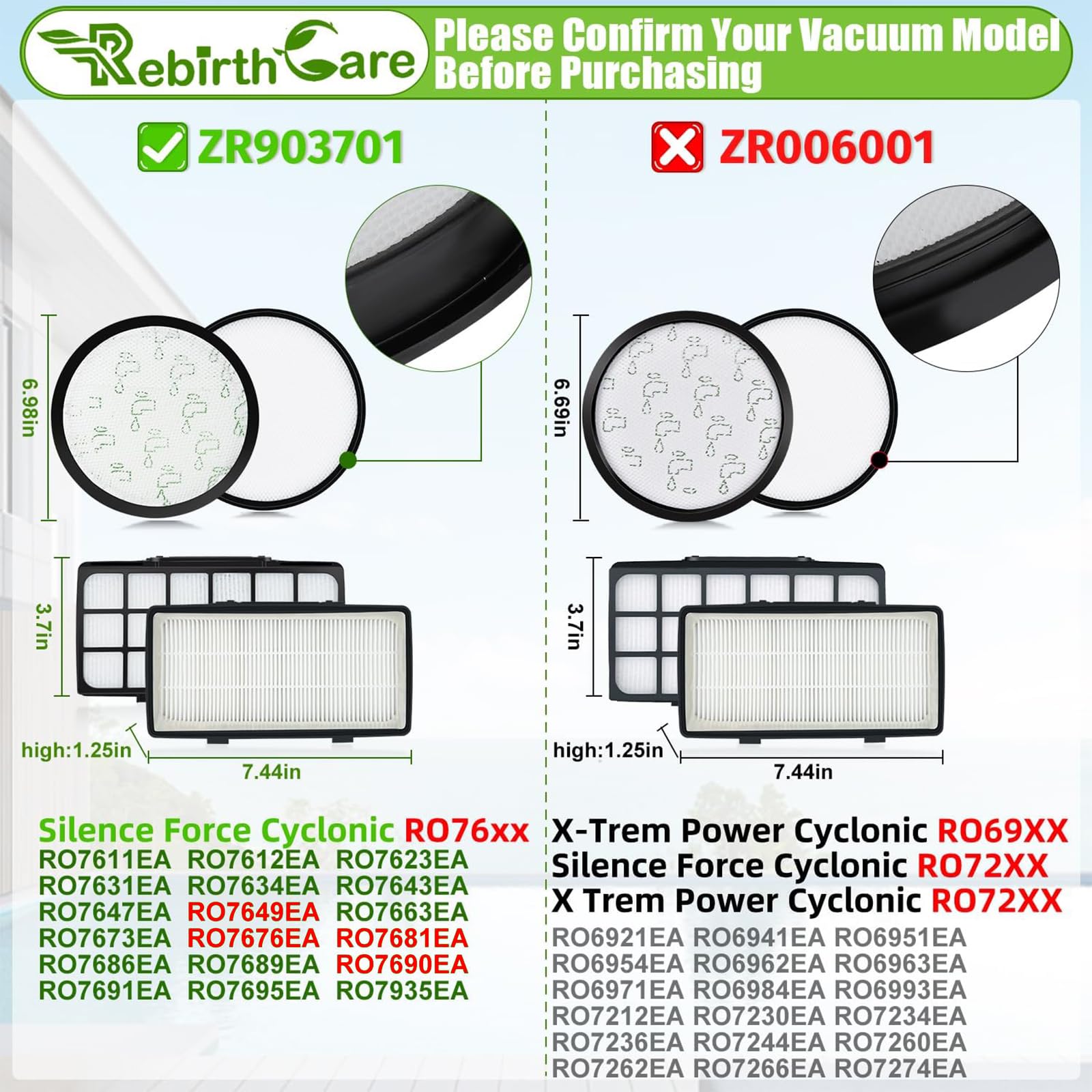 Lot De 2 Filtres De Rechange Pour Rowenta Silence Force RO76XX - ZR903701 - Compatible RO7649EA, RO7689EA, RO7643EA Et Plus