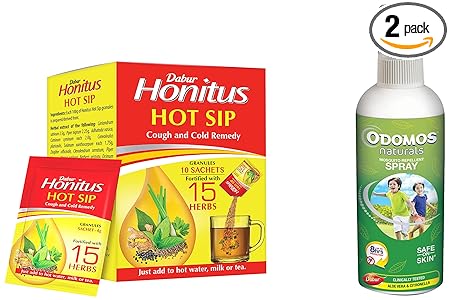 Dabur Honitus Hot Sip: 100% Ayurvedic Kadha | Provides Instant Relief from Cough and Cold (4gm*Pack of 30 Sachets) & Dabur Odomos Narurals Mosquito Repellant Spray - 100 Ml