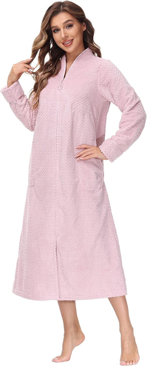 INK+IVY Embossed Plush Front Zipper Robe for Women - Full-Length Housecoat - Ladies Bathrobe Loungewear with Pocket, Collar & Cuff, Chalky Rose, M - Image 3