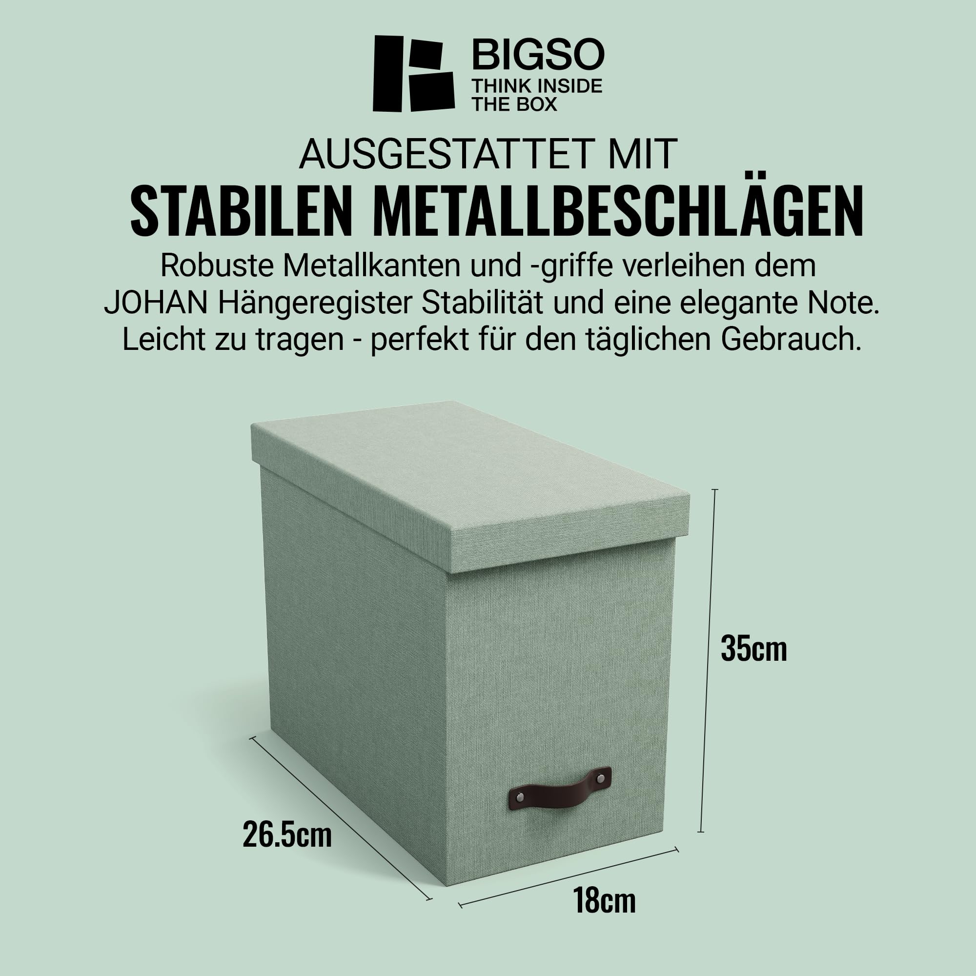 BIGSO JOHAN Hängeregisterbox A4 – Hängemappenbox mit Deckel und Griff – Schreibtischablage für Hängemappen & Dokumente – Aufbewahrungsbox aus recycelter Faserplatte und Papier – mintgrün