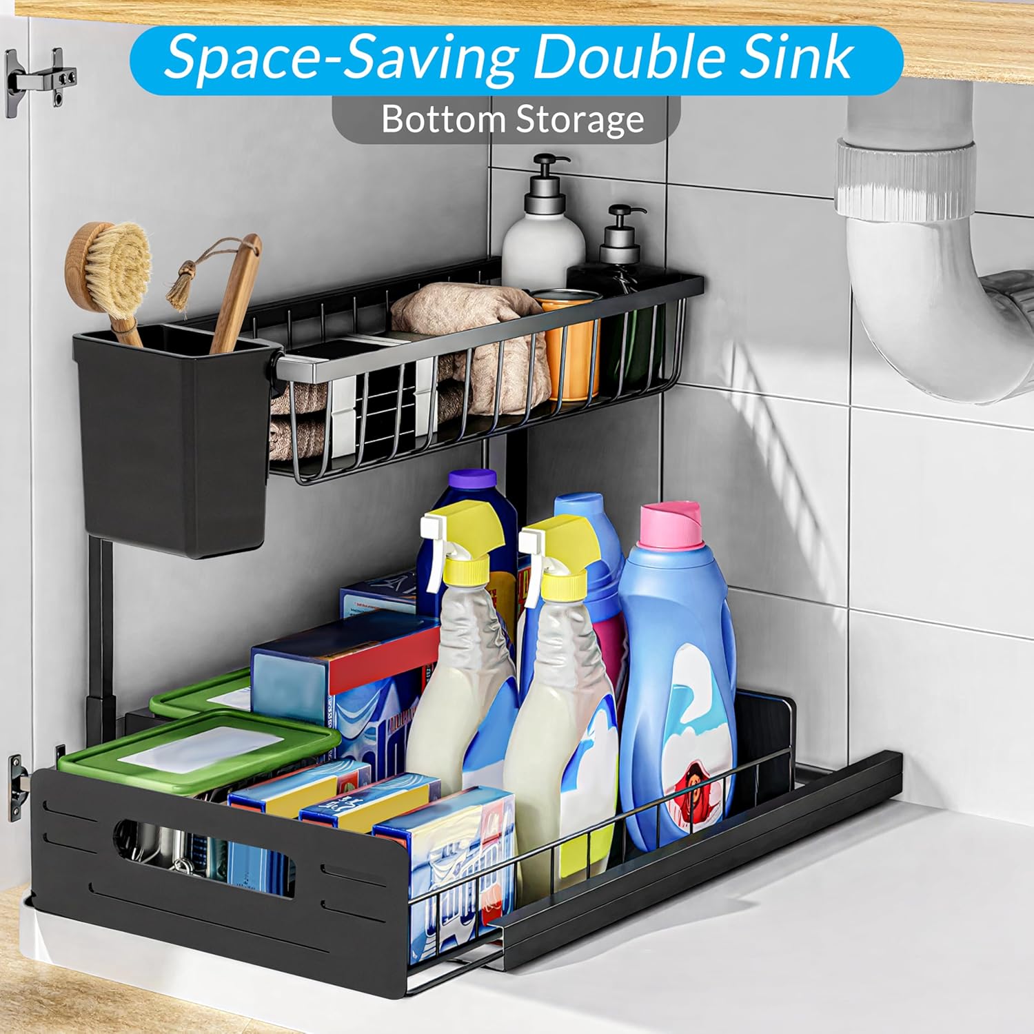 2 Pack Under Sink Organizer, Heavy Duty 2 Tier Slide-Out Storage, Space Saving Cabinet Organizer for Bathroom & Kitchen, Metal Shelf with Brush Holder, Black