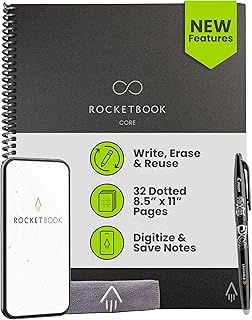 Rocketbook New Core Reusable Spiral Notebook, Letter Size 8.5x11, Black - Dotted Pages, App-Connected, Erasable, Durable Cover, Ideal for School, Work, and Creative Projects