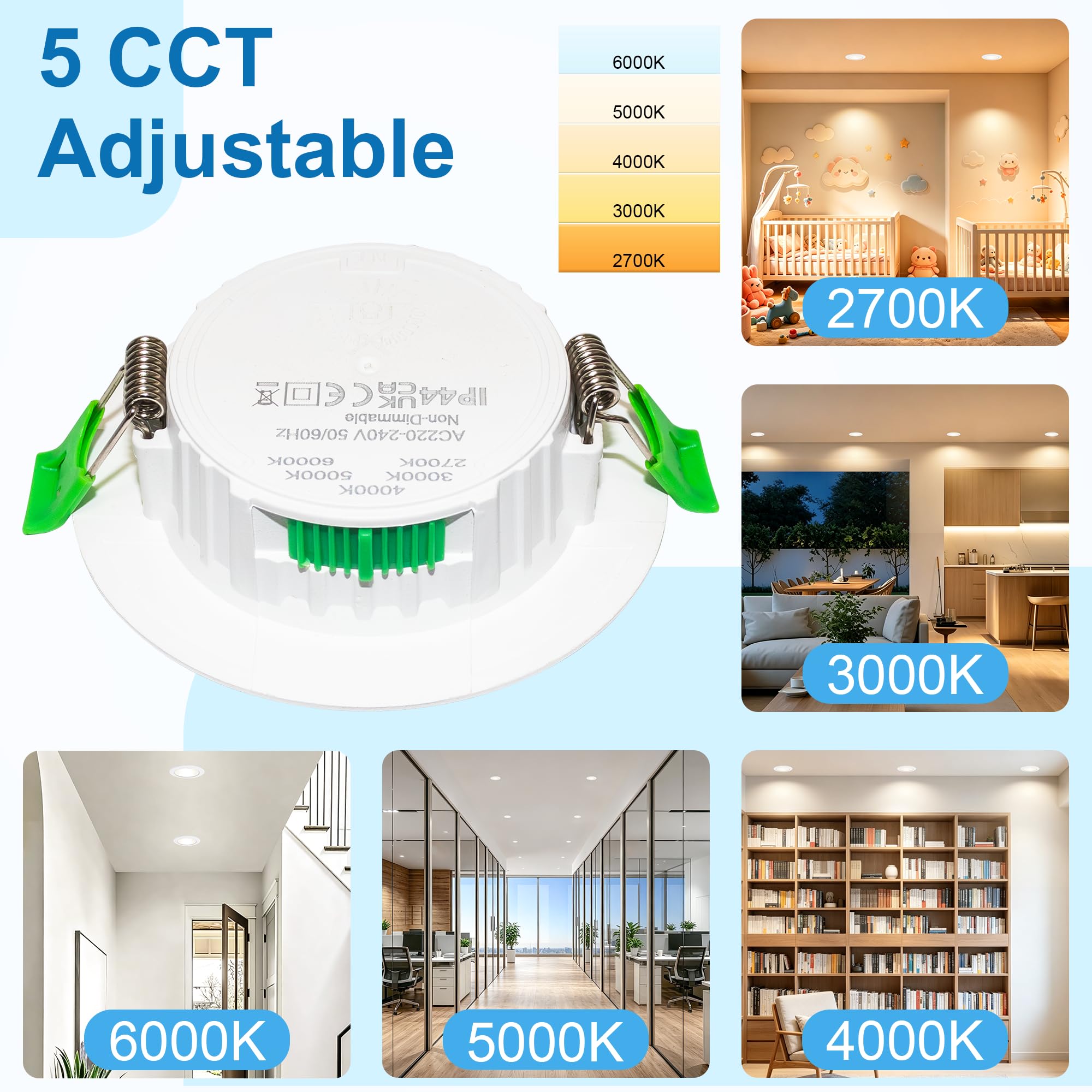 LED Einbaustrahler 230V 10er, 5CCT LED Spots, Ø68-75mm Einbauspots | 5W Ultra Flach 25mm, 5CCT Lichtfarben Warmweiß-Kaltweiß, IP44 LED Einbauleuchten & Deckenspots für Bad Küche Wohnzimmer, Weiß