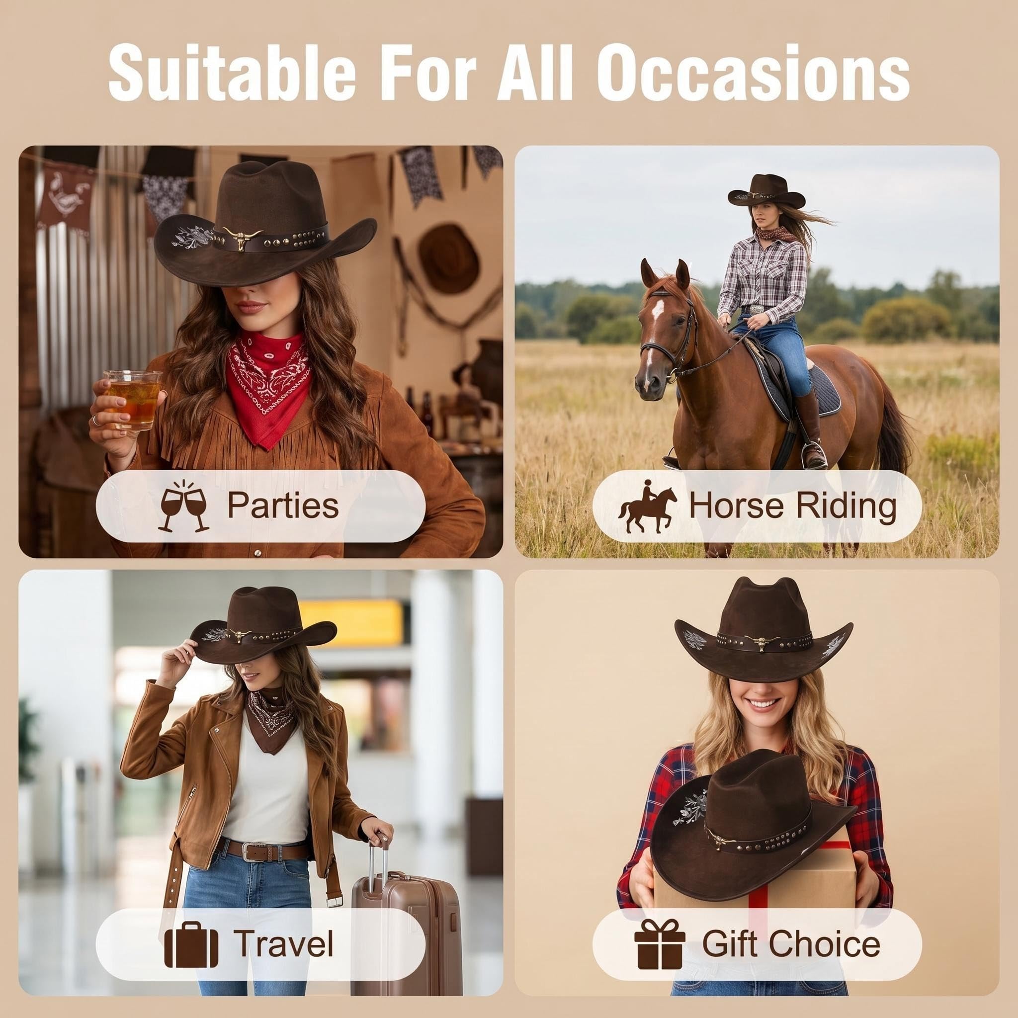 Bestickter Westernhut aus Wildlederimitat mit breiter Krempe und Gürtel mit Stierkopf-Motiv,Westernhut für Damen und Herren, Männer Western Cowboyhute mit Stierkopf-Dekor