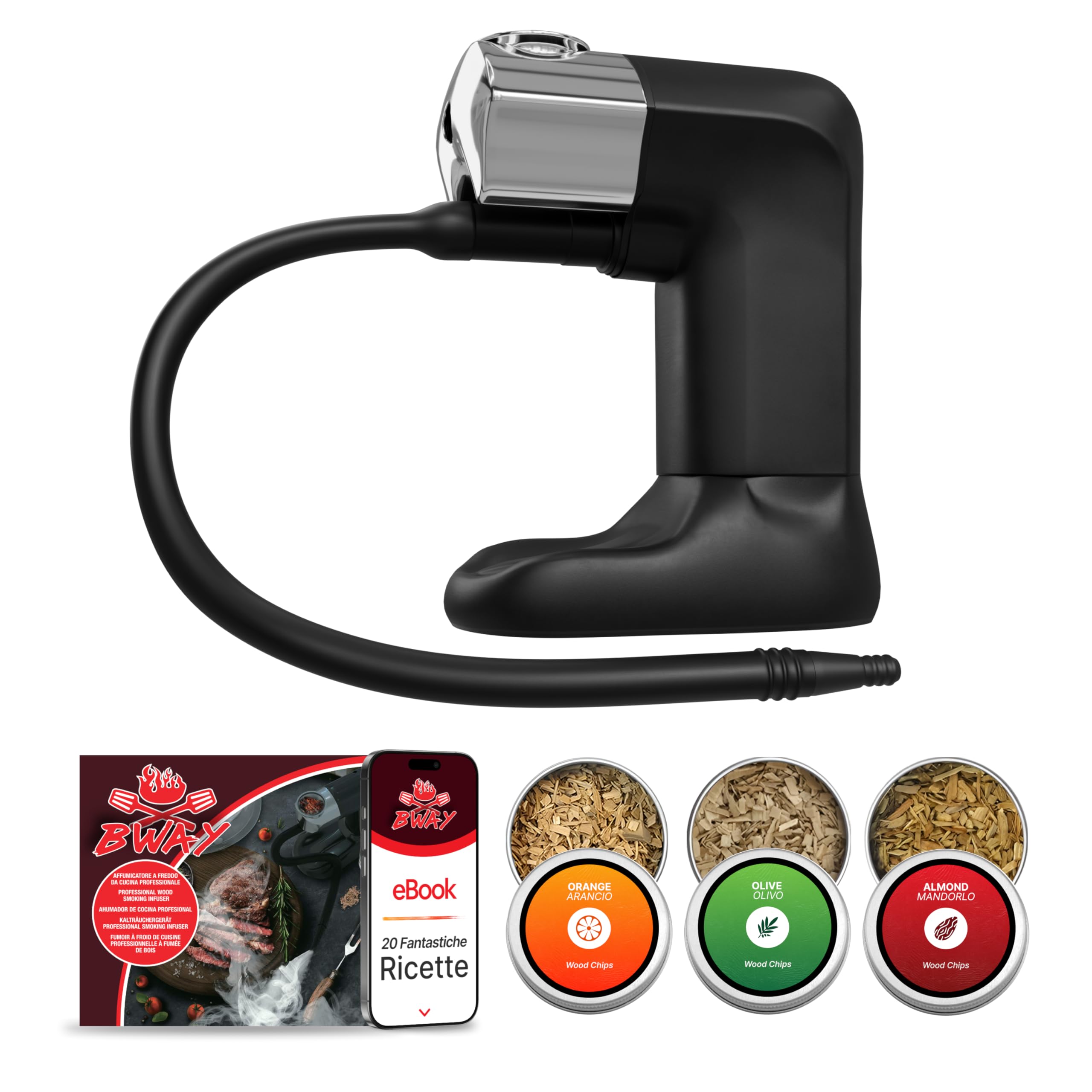 BWAY Ahumador de Alimentos en Frío - Ahumador de Carne con 3 Paquetes de Madera y eBook de 20 Recetas Incluido - Smoker Portátil Ideal para Queso, Pescado y Cócteles