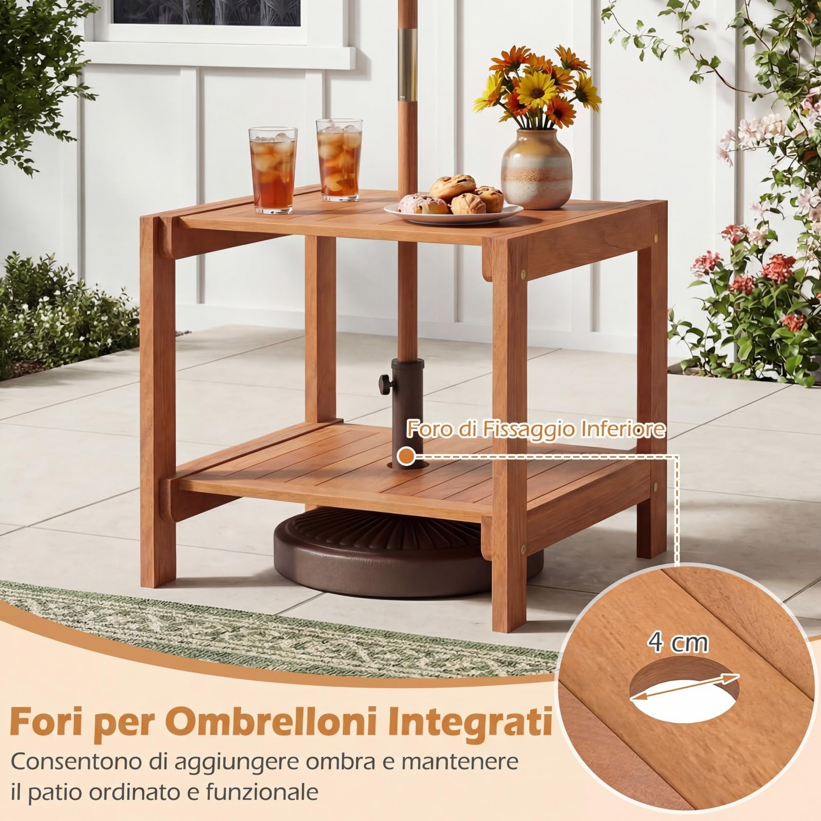 COSTWAY Tavolino da Esterno con Foro per Ombrellone 4 cm, Tavolo da Balcone in Legno Massello, a 2 Ripiani, Salvasapzio, per Giardino, Terrazzo, Cortile, Portata 40 kg, 51 x 48 x 45 cm